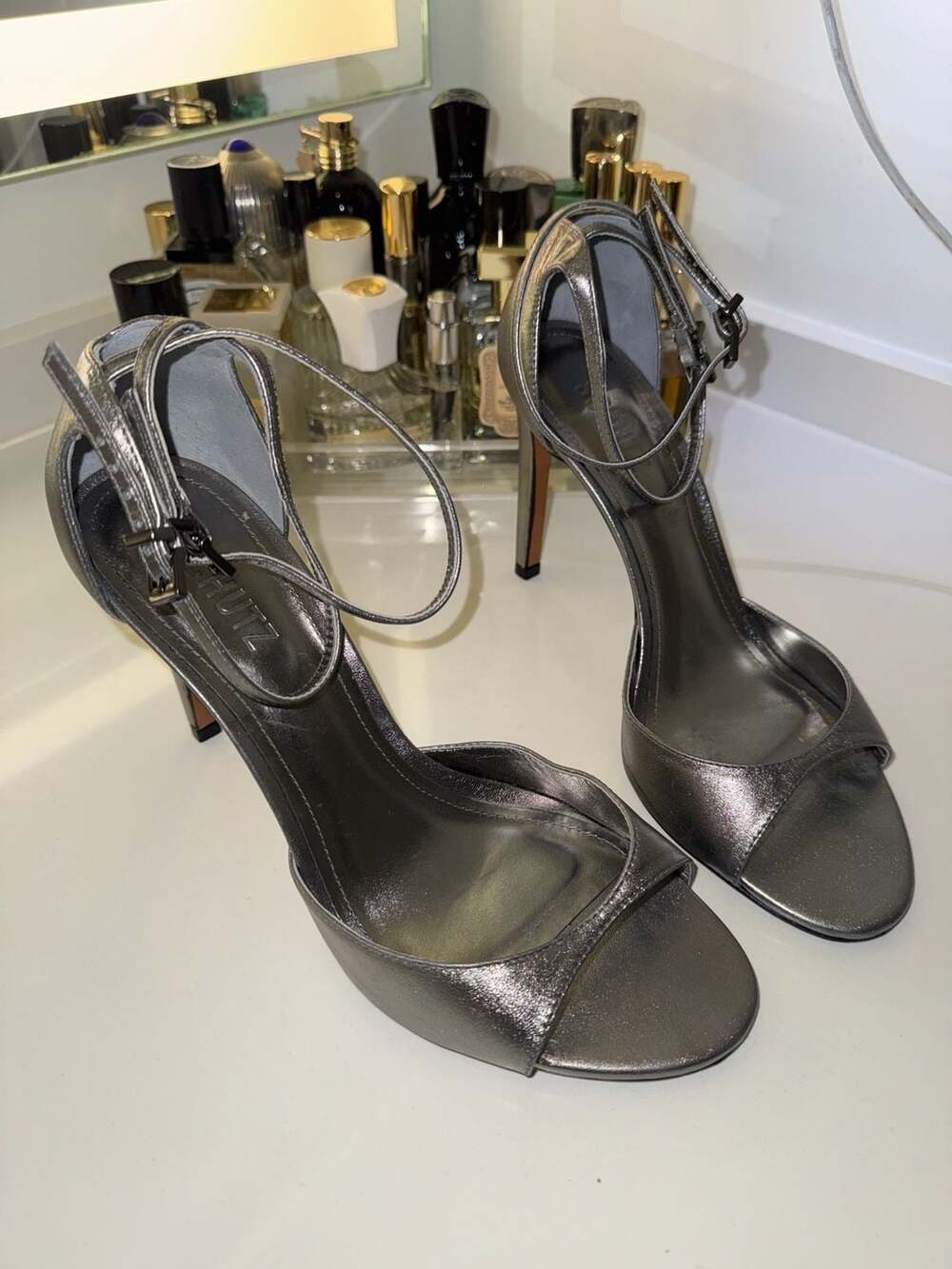 Schutz Annie Curve 85MM Metallic Leather Slingback Sandals Sz 9.5B